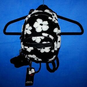 NWT No Boundaries Mini Faux Fur Flower Backpack Black/White